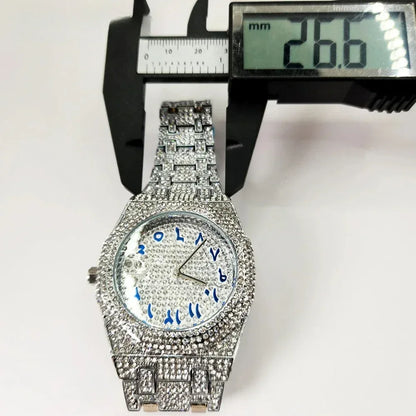 Luxury Octagonal Gold Watch for Men | Blue Numerals Full Iced Out Watch | Waterproof Calendar Hip Hop Wristwatch | Caratix - CaratixJewelry