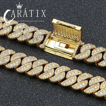 CARÁTIX 14MM Miami Cuban Chain Necklace – Brass Hip Hop Jewelry with Full Pave CZ for Men & Women