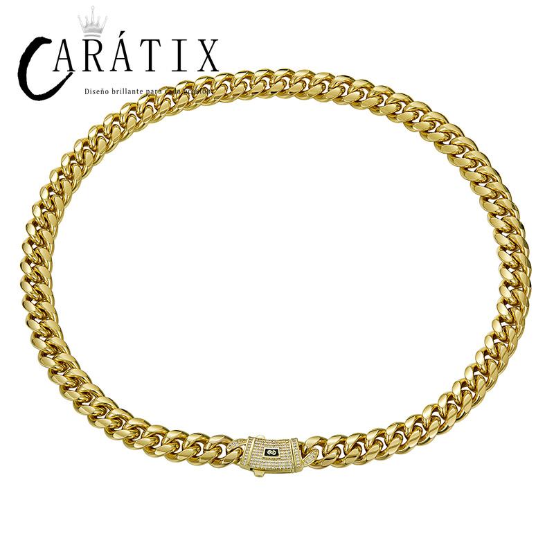 CARÁTIX Gold Stainless Steel Cuban Link Chain Necklace – CZ Iced Out Hip Hop Bling Jewelry for Men | Box Lock Rapper Gift