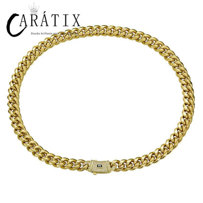 CARÁTIX Gold Stainless Steel Cuban Link Chain Necklace – CZ Iced Out Hip Hop Bling Jewelry for Men | Box Lock Rapper Gift