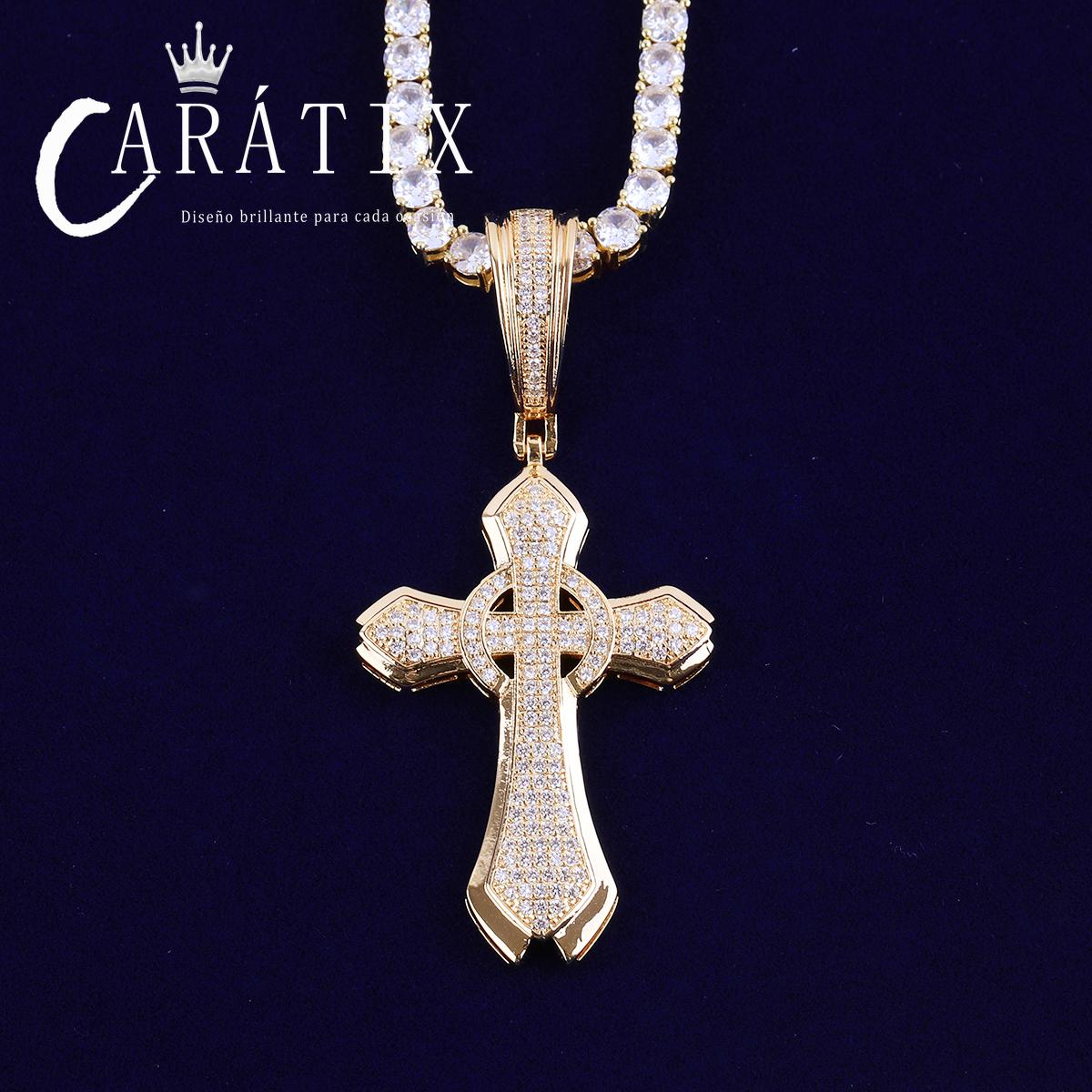 CARÁTIX Bubble Letter Iced Out Circle Cross Pendant Necklace – Hip Hop CZ Jewelry for Men & Women