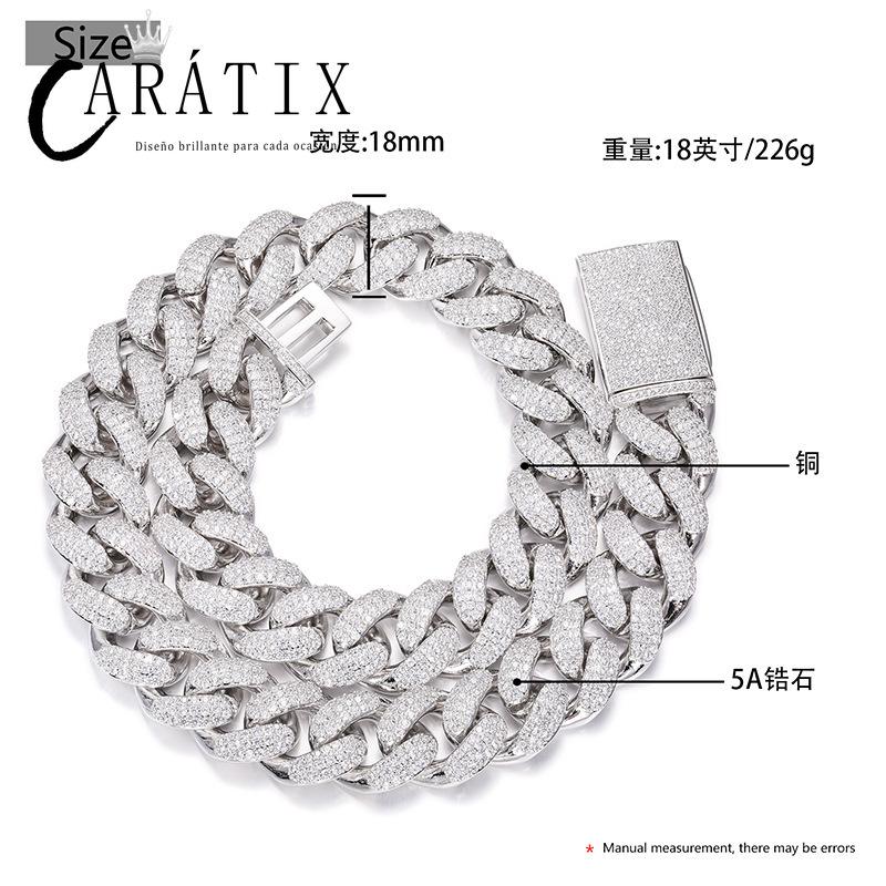 CARÁTIX 18mm Iced Out Cuban Link Chain Necklace – 3 Row CZ Rhombus Hip Hop Bling Jewelry for Men | Rapper Gift