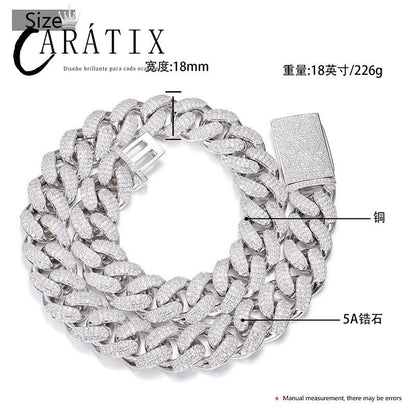 CARÁTIX 18mm Iced Out Cuban Link Chain Necklace – 3 Row CZ Rhombus Hip Hop Bling Jewelry for Men | Rapper Gift