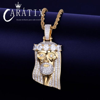 CARÁTIX - Bubble Letter Iced Out Religious Jesus Head Pendant Necklace Golden Color Bling Cubic Zircon Men's Hip Hop Jewelry For Gift Valentine's Day Gift for Men & Girls & Boys Mothers' Day Gift #Springtok