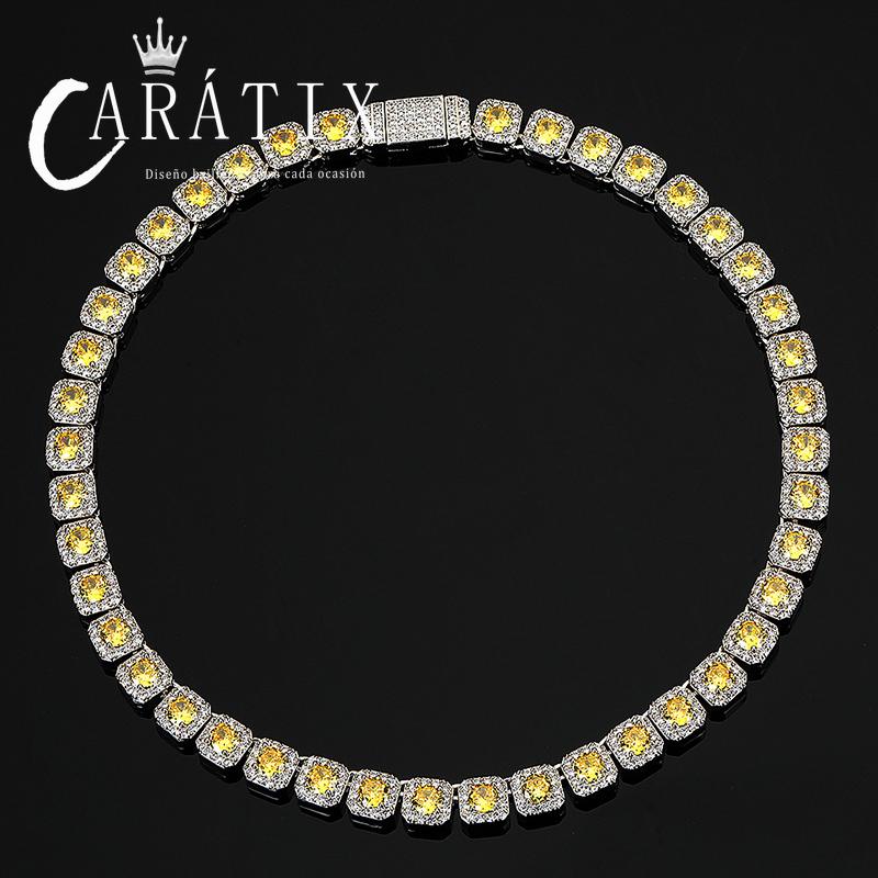 CARÁTIX - Hip Hop 5A+ CZ Stone Bing Iced Out 10mm Tennis Link Chain Chokers Necklaces for Men Women Rapper Jewelry Blue Yellow Stone Valentine's Day Gift for Men & Girls & Boys Mothers' Day Gift #Springtok