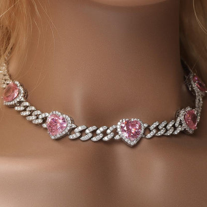 CARÁTIX 7"-24" Pink Hearts Link Chain Necklace – 5A+ CZ Iced Out Hip Hop Bling Jewelry for Men & Women | Unisex Rapper Gift
