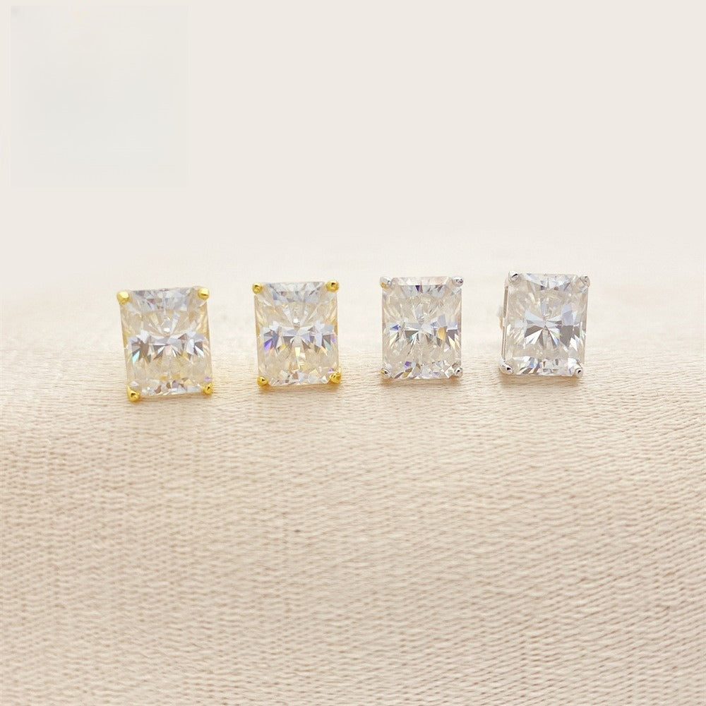 S925 Sterling Silver Radiant Cut Moissanite Studs | Rectangular Earring | Caratix
