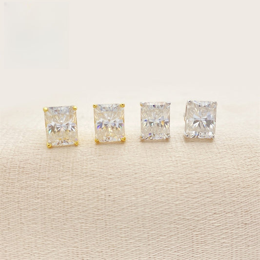 S925 Sterling Silver Radiant Cut Moissanite Studs | Rectangular Earring | Caratix
