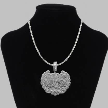 Road Runna Two Tone Badge Iced Out Letter Diamond Pendant Necklace – Custom Hip Hop Jewelry for Men
