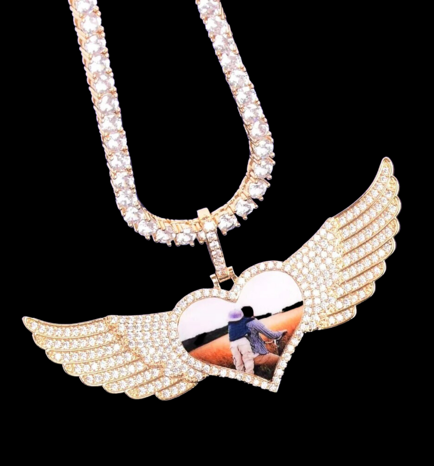 Long Wings Heart Custom Photo Pendant Necklace – Personalized Iced Out Picture Jewelry for Men and Women