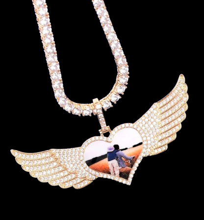 Long Wings Heart Custom Photo Pendant Necklace – Personalized Iced Out Picture Jewelry for Men and Women