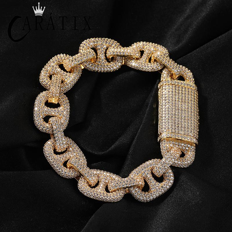 CARÁTIX – 16mm Wide Pig Nose Coffee Beans Link Chain Bracelet | 5A+ CZ Bling Iced Hip Hop Jewelry for Men