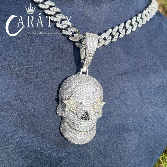 CARÁTIX Bubble Letter Iced Out Skull Pendant Necklace – Copper Hip Hop CZ Jewelry for Men & Women