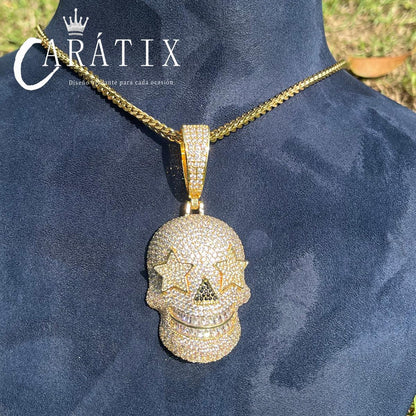 CARÁTIX Bubble Letter Iced Out Skull Pendant Necklace – Copper Hip Hop CZ Jewelry for Men & Women