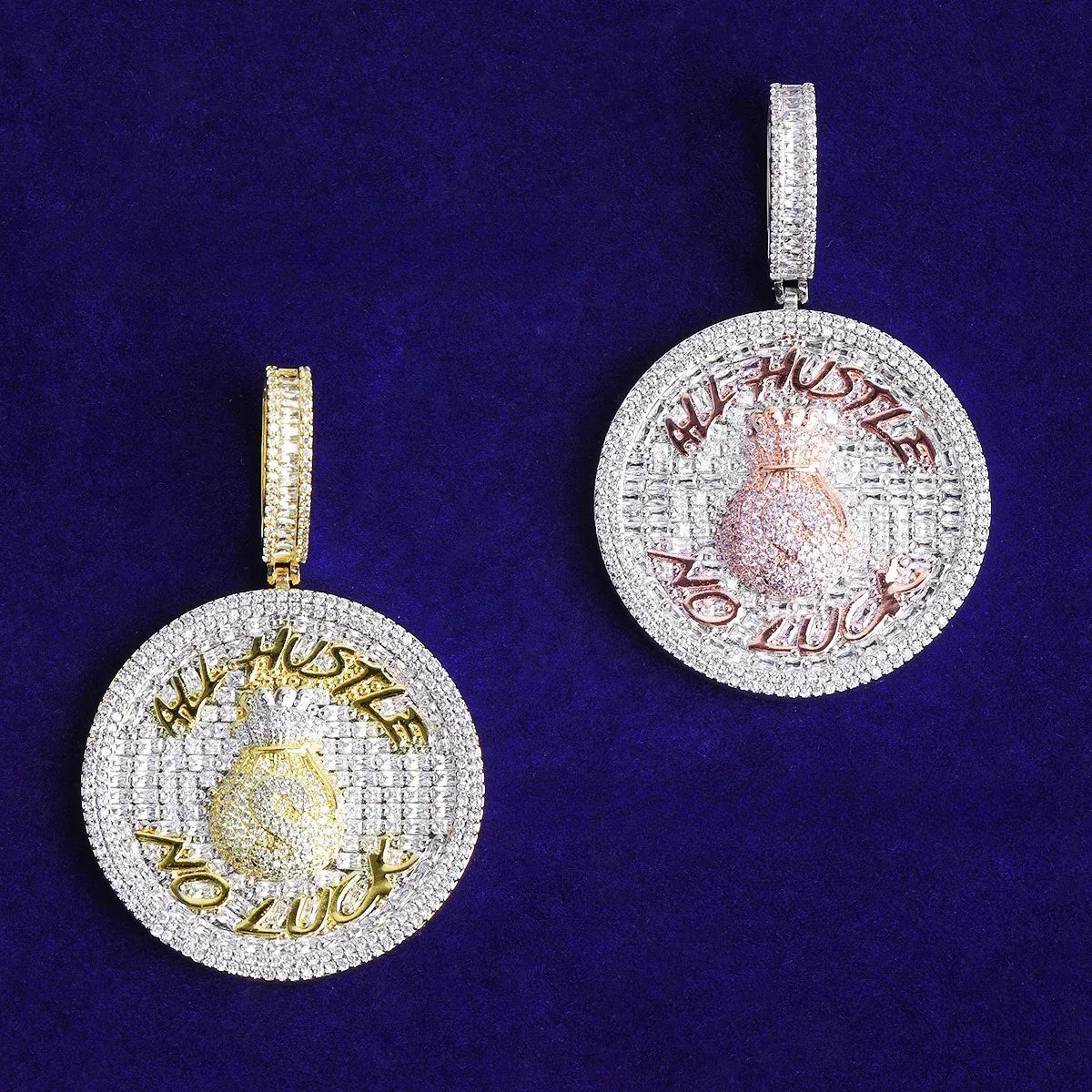 Iced Out "ALL HUSTLE NO LUCK" Medallion | Men's Round Letter Pendant - CaratixJewelry