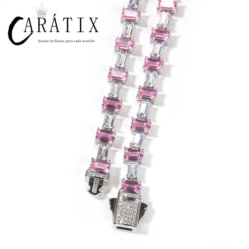 CARÁTIX - Hip Hop Pink White Square CZ Stone Bling Iced Out Tennis Link Chain Chokers Necklaces for Men Women Unisex Rapper Jewelry Valentine's Day Gift for Men & Girls & Boys Mothers' Day Gift #Springtok
