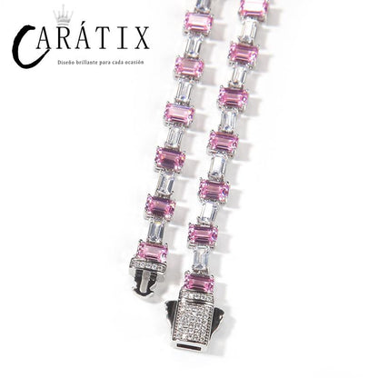 CARÁTIX - Hip Hop Pink White Square CZ Stone Bling Iced Out Tennis Link Chain Chokers Necklaces for Men Women Unisex Rapper Jewelry Valentine's Day Gift for Men & Girls & Boys Mothers' Day Gift #Springtok