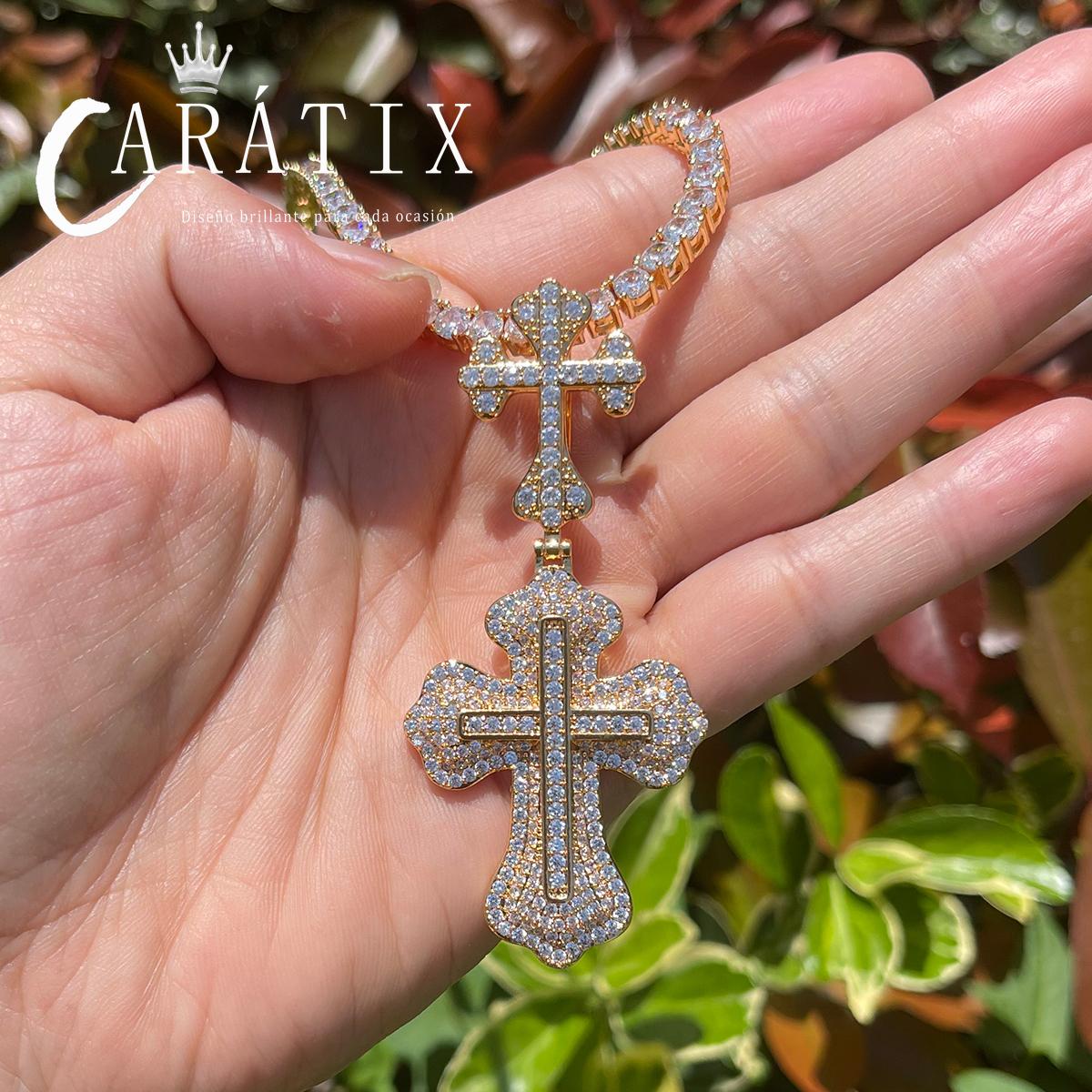 CARÁTIX Iced Out Cross Pendant Necklace – Copper Hip Hop Chain Jewelry for Men & Women
