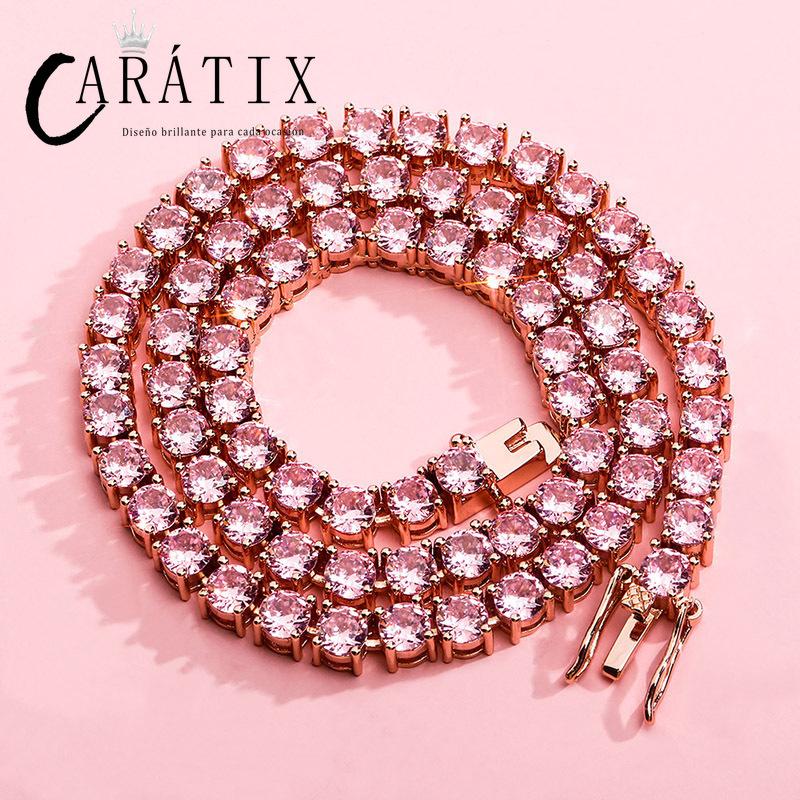 CARÁTIX Pink & Blue CZ Tennis Chain | 3–6mm Iced Out Hip Hop Necklace for Men & Women