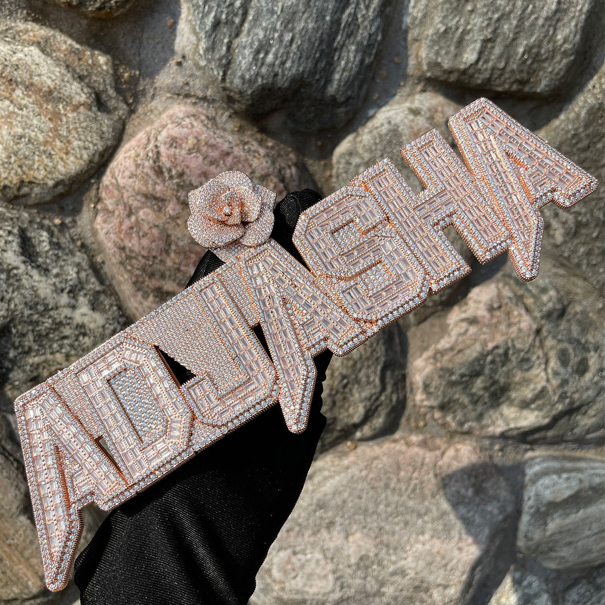 Rising Rose Edition Iced Out Personalized Custom Name Necklace Pendant with Rose Flower Bail - Luxury Jewelry