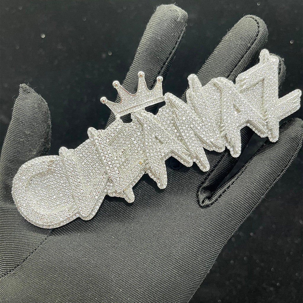 White Gold Edition Crown Bail Rapper Iced Out Personalized Custom Name Necklace Pendant