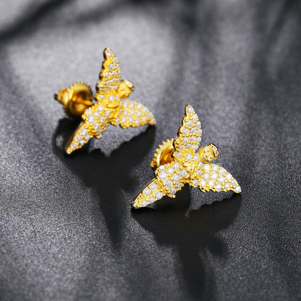18K Gold 925 Solid Silver Guardian Angel VVS Diamond Bling Earrings – Hip Hop Jewelry