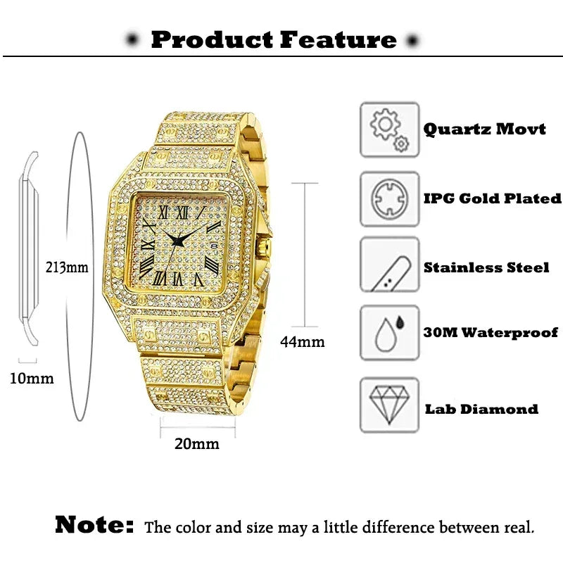 Luxury Blue Dial Roman Numbers Men's Watch | Iced Out Watch Stainless Steel | Luminous Waterproof Analogue Wristwatch | Reloj Hombre | Caratix - CaratixJewelry