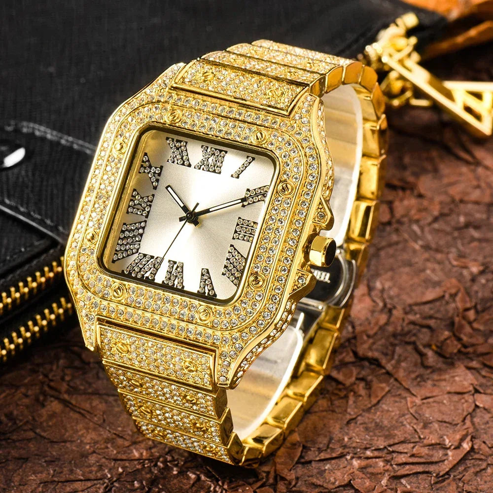 Luxury Blue Dial Roman Numbers Men's Watch | Iced Out Watch Stainless Steel | Luminous Waterproof Analogue Wristwatch | Reloj Hombre | Caratix - CaratixJewelry