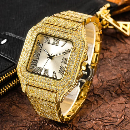 Luxury Blue Dial Roman Numbers Men's Watch | Iced Out Watch Stainless Steel | Luminous Waterproof Analogue Wristwatch | Reloj Hombre | Caratix - CaratixJewelry