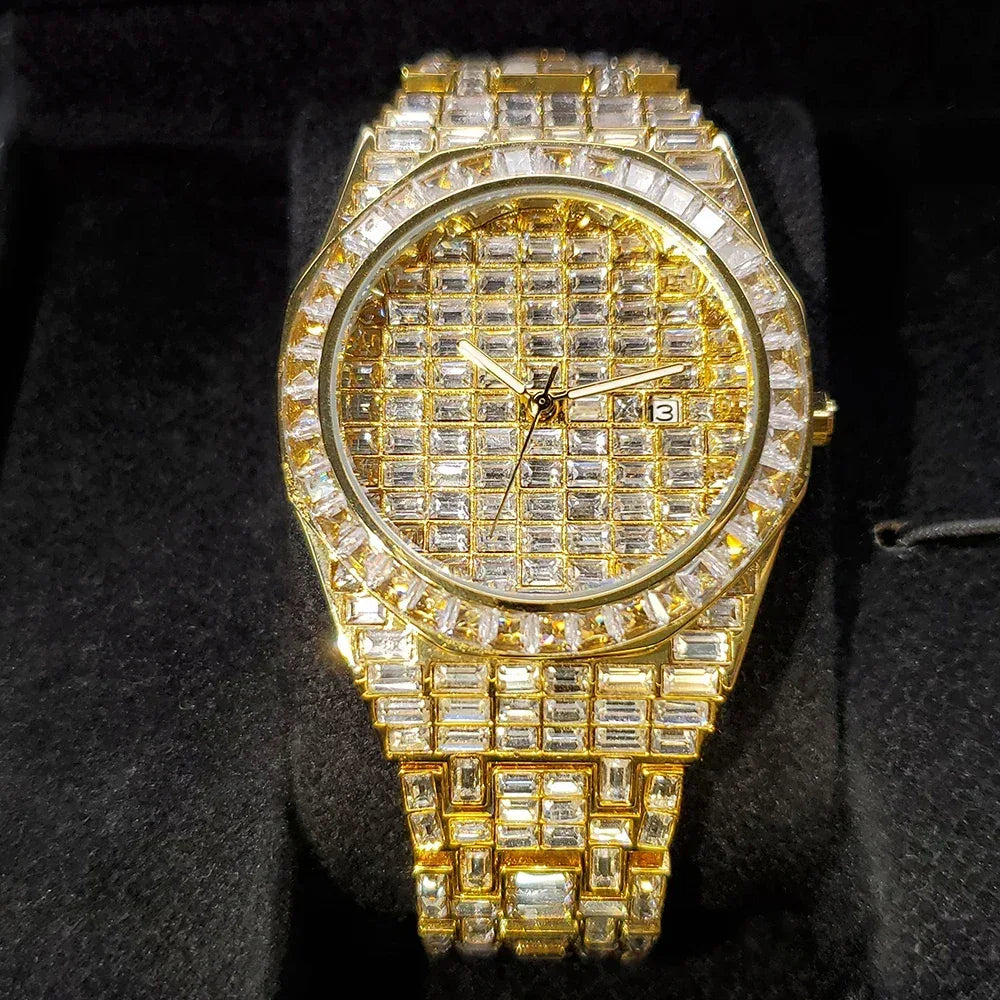 Luxury Hip Hop Men's Watch | Silver Iced Out Watch with Date | Top Brand Quartz Wristwatch | Reloj Hombre | Caratix - CaratixJewelry