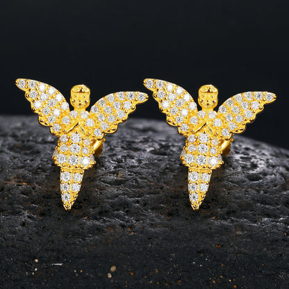 18K Gold 925 Solid Silver Guardian Angel VVS Diamond Bling Earrings – Hip Hop Jewelry