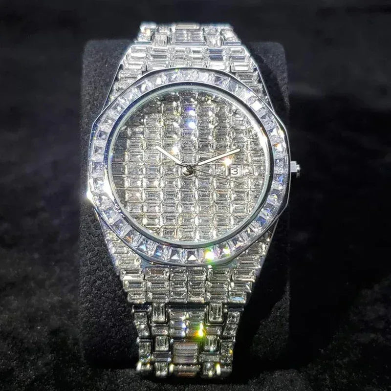 Luxury Hip Hop Men's Watch | Silver Iced Out Watch with Date | Top Brand Quartz Wristwatch | Reloj Hombre | Caratix - CaratixJewelry