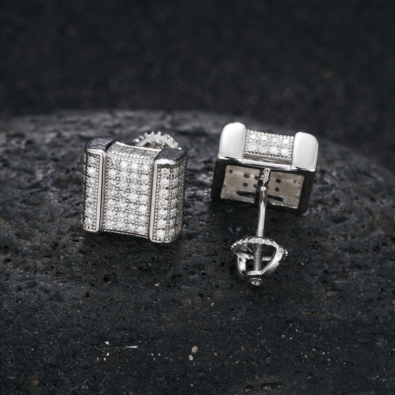 Square Cut Genuine Diamond Sterling Silver Flooded Ice Hip Hop Earrings