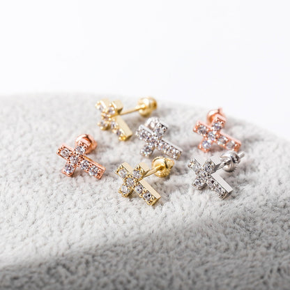 14K Rose Gold & .925 Silver Holy Cross Simulated Diamond Bling Hip Hop Earrings