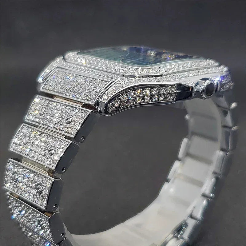 Luxury Blue Dial Roman Numbers Men's Watch | Iced Out Watch Stainless Steel | Luminous Waterproof Analogue Wristwatch | Reloj Hombre | Caratix - CaratixJewelry