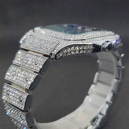 Luxury Blue Dial Roman Numbers Men's Watch | Iced Out Watch Stainless Steel | Luminous Waterproof Analogue Wristwatch | Reloj Hombre | Caratix - CaratixJewelry