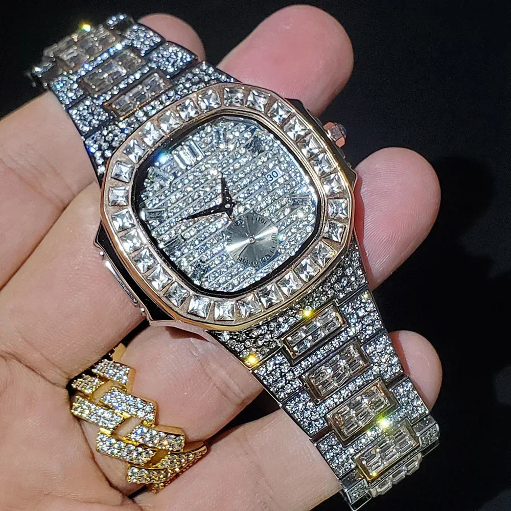 Luxury Big Men's Watch | Rose Gold Iced Out Watch | Crystal Rhinestone Analog Japan Quartz Wristwatch | Fashion Male Clock | Caratix - CaratixJewelry