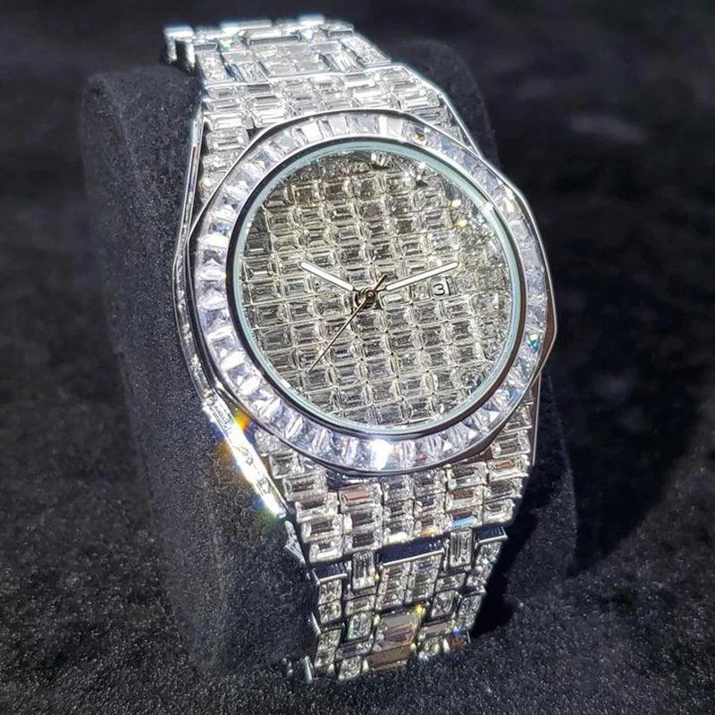 Luxury Hip Hop Men's Watch | Silver Iced Out Watch with Date | Top Brand Quartz Wristwatch | Reloj Hombre | Caratix - CaratixJewelry