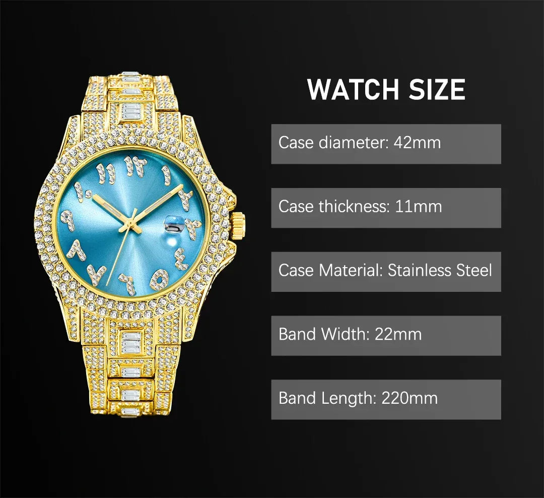 Luxury Blue Arabic Men's Watch | Iced Out Watch with Dial | New Business Stainless Steel Quartz Wristwatch | Waterproof Male Clock | Caratix - CaratixJewelry