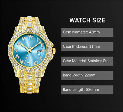 Luxury Blue Arabic Men's Watch | Iced Out Watch with Dial | New Business Stainless Steel Quartz Wristwatch | Waterproof Male Clock | Caratix - CaratixJewelry