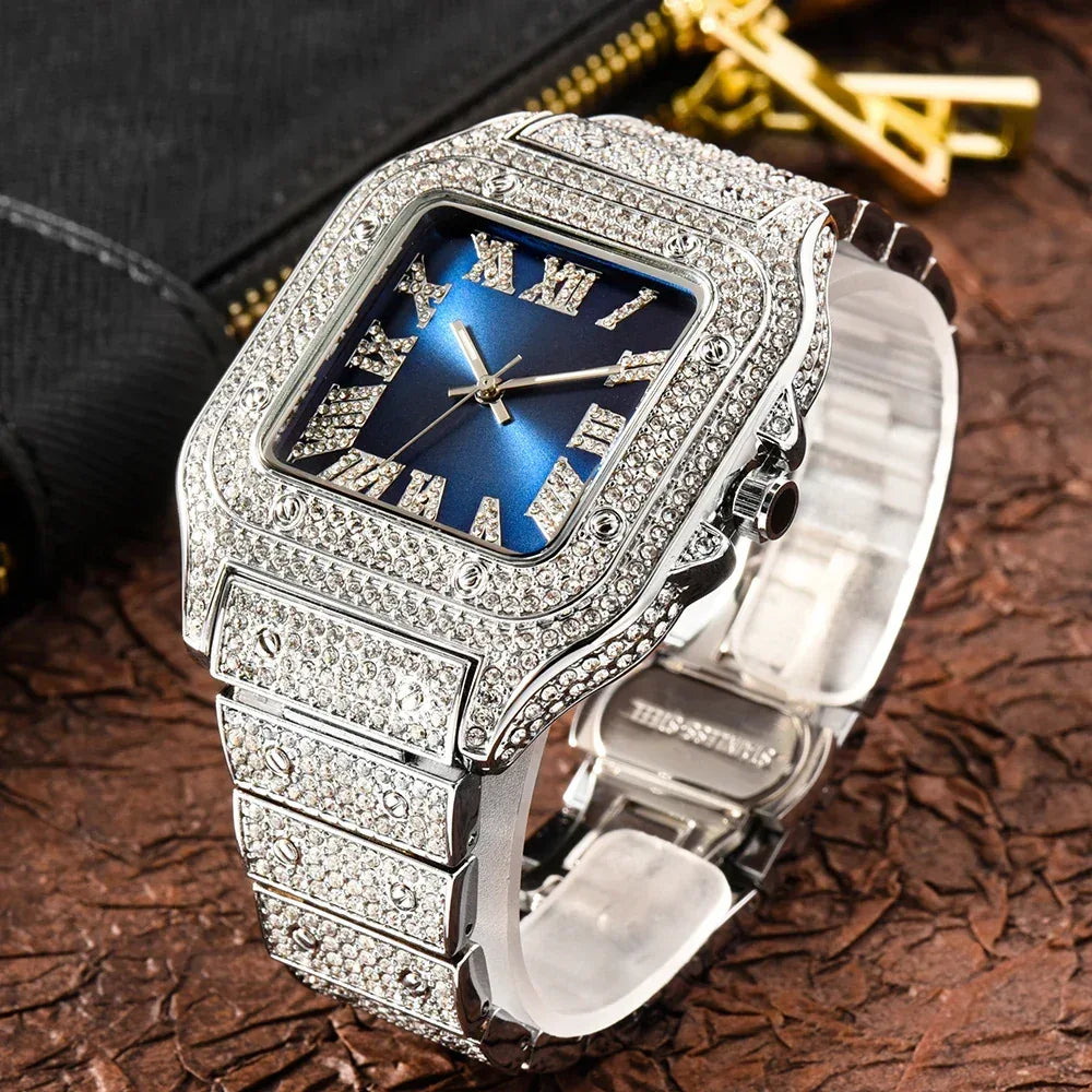 Luxury Blue Dial Roman Numbers Men's Watch | Iced Out Watch Stainless Steel | Luminous Waterproof Analogue Wristwatch | Reloj Hombre | Caratix - CaratixJewelry