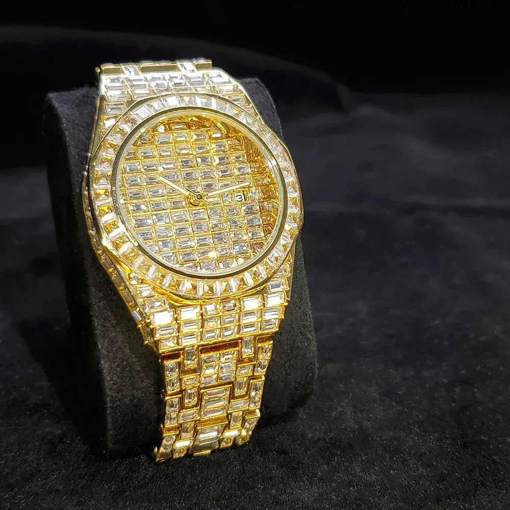Luxury Hip Hop Men's Watch | Silver Iced Out Watch with Date | Top Brand Quartz Wristwatch | Reloj Hombre | Caratix - CaratixJewelry