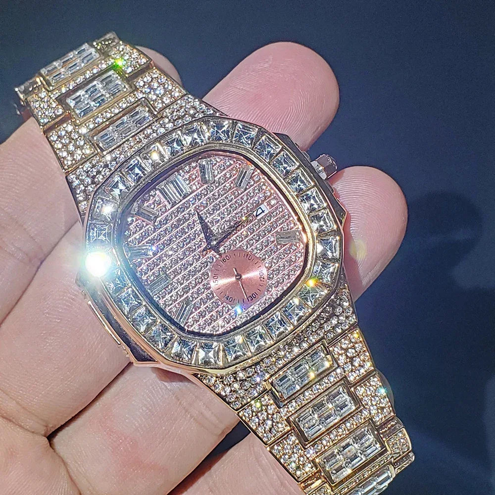 Luxury Nautilus Iced Out Watch for Men | Full Quartz Mens Watches | Hip Hop Bracelet Clock | Waterproof Gift for Men | Caratix - CaratixJewelry