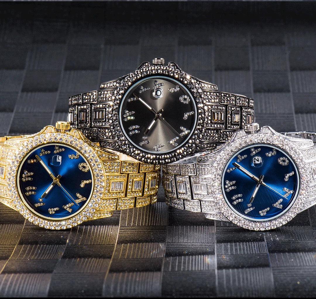 Luxury Blue Arabic Men's Watch | Iced Out Watch with Dial | New Business Stainless Steel Quartz Wristwatch | Waterproof Male Clock | Caratix - CaratixJewelry