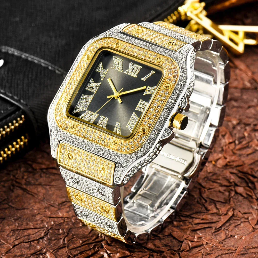 Luxury Blue Dial Roman Numbers Men's Watch | Iced Out Watch Stainless Steel | Luminous Waterproof Analogue Wristwatch | Reloj Hombre | Caratix - CaratixJewelry