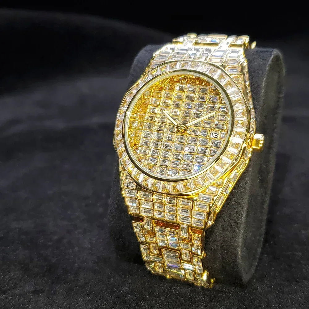Luxury Hip Hop Men's Watch | Silver Iced Out Watch with Date | Top Brand Quartz Wristwatch | Reloj Hombre | Caratix - CaratixJewelry