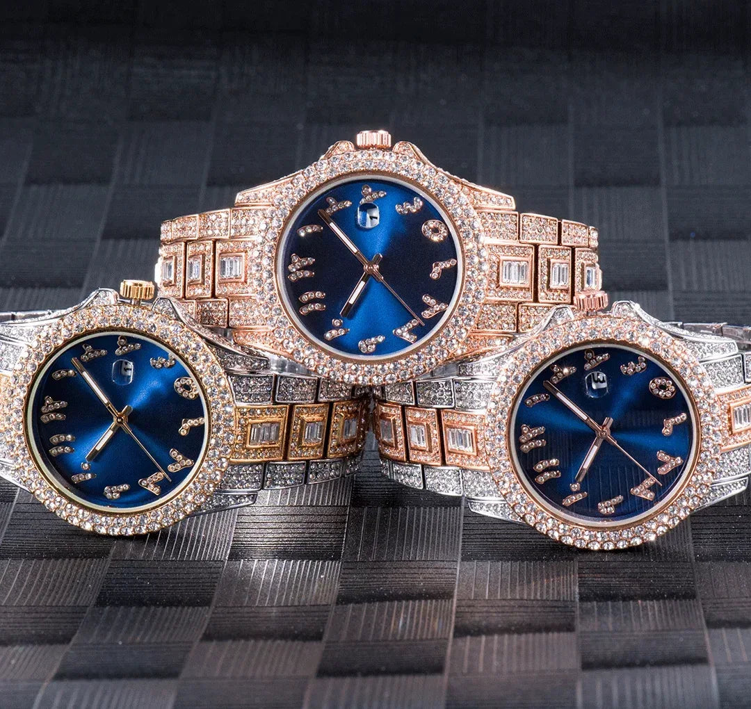 Luxury Blue Arabic Men's Watch | Iced Out Watch with Dial | New Business Stainless Steel Quartz Wristwatch | Waterproof Male Clock | Caratix - CaratixJewelry