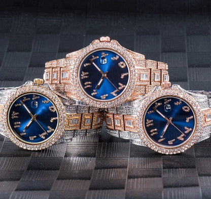 Luxury Blue Arabic Men's Watch | Iced Out Watch with Dial | New Business Stainless Steel Quartz Wristwatch | Waterproof Male Clock | Caratix - CaratixJewelry