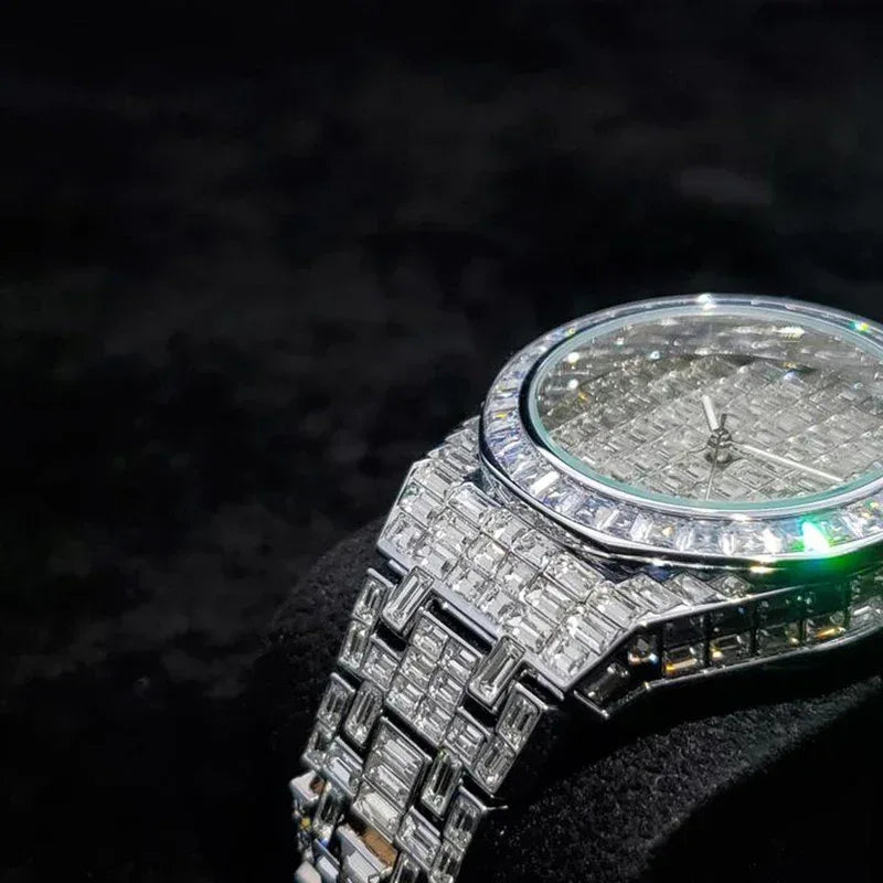 Luxury Hip Hop Men's Watch | Silver Iced Out Watch with Date | Top Brand Quartz Wristwatch | Reloj Hombre | Caratix - CaratixJewelry