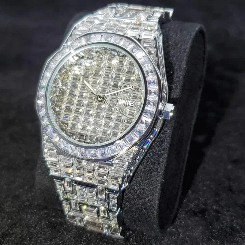 Luxury Hip Hop Men's Watch | Silver Iced Out Watch with Date | Top Brand Quartz Wristwatch | Reloj Hombre | Caratix - CaratixJewelry